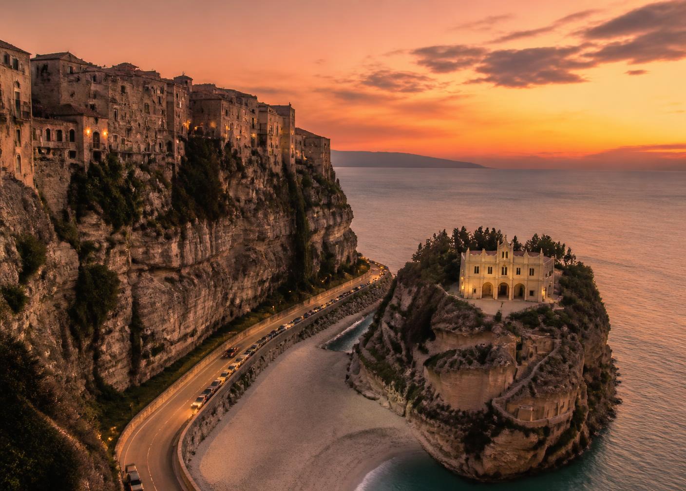 Tropea e Santa Maria dell'Isola al tramonto